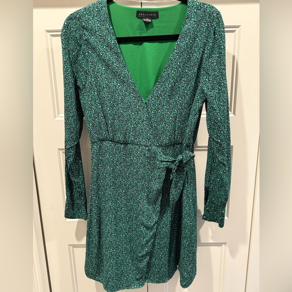 Sanctuary green leopard print mini wrap dress